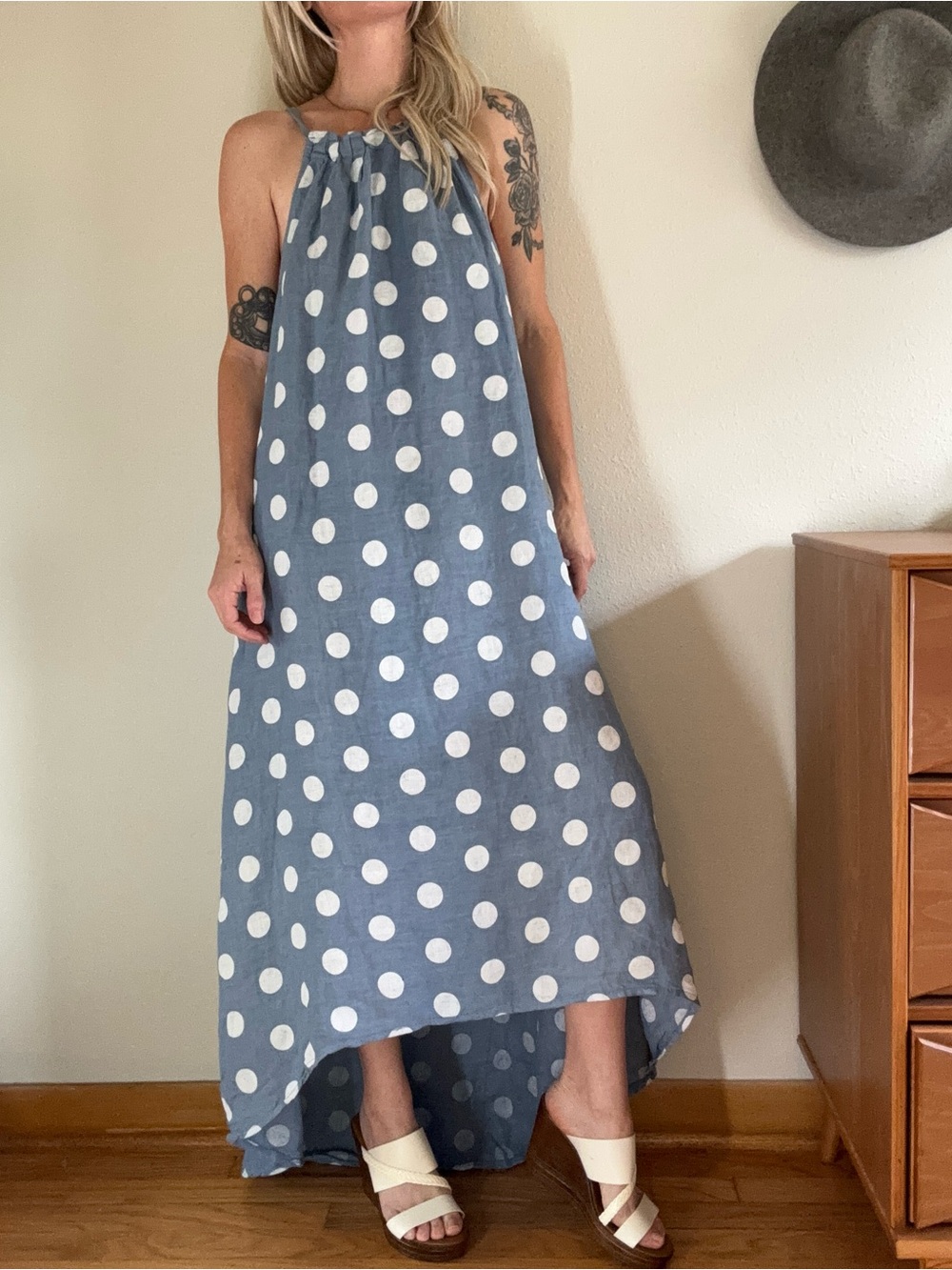Made In Italy Linen Polka Dot Halter Maxi Dress O/S Blue Hi-Low Coastal Euro - Picture 10 of 10